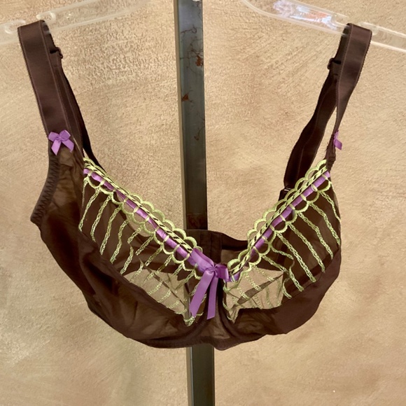 NWOT Freya Arabella 30J (UK) Brown w Apple Green & purple trim plunge Bra - Picture 3 of 9